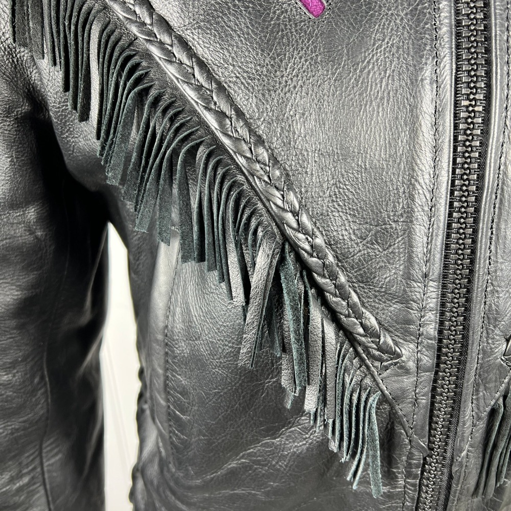 UNIK Leather Fringe Biker Jacket Small Black Purple Rose Inlay Motorcycle Goth - Picture 10 of 15